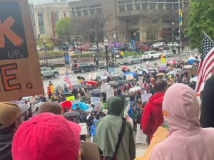 Crowds gather at a "Hands Off!" protest in Louisville. 